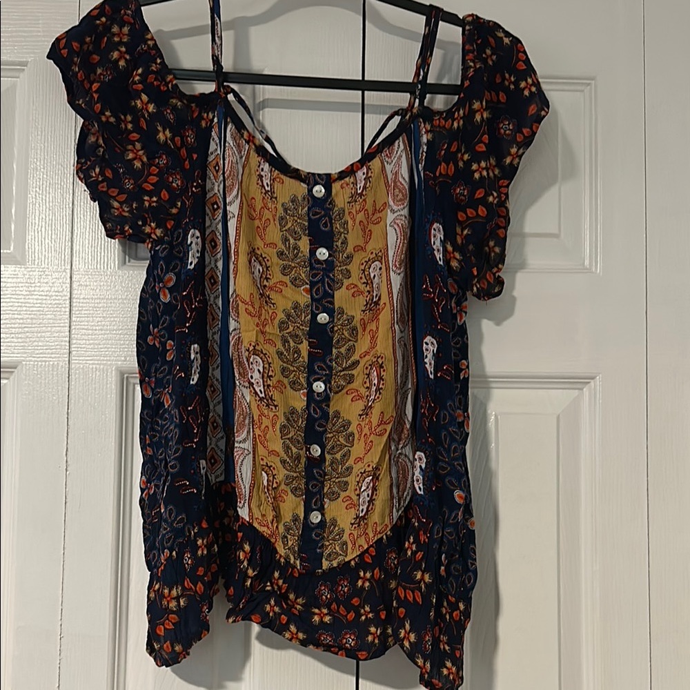 Patrons of Peace Blue and Black Ruffled Puff Sleeve Blouse